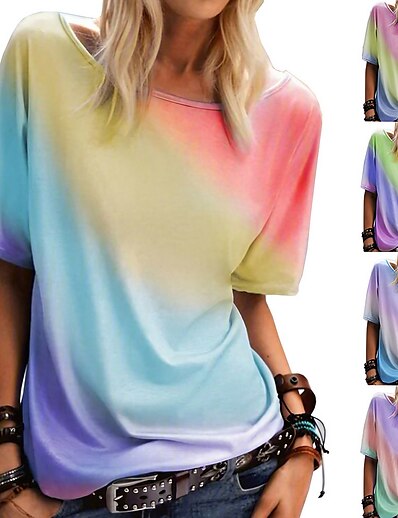 cheap Women&#039;s Clothing-Women&#039;s clothing rainbow gradient printing casual top round neck short sleeve loose t-shirt