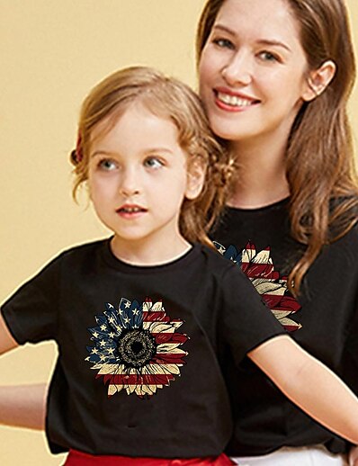 preiswerte Outfits für Familien-Mama und ich Amerikanischer Nationalfeiertag Baumwolle T-Shirt Oberteile Täglich Blumen Fahne Bedruckt Weiß Schwarz Grau Kurzarm Grundlegend Passende Outfits / Sommer / Alltag