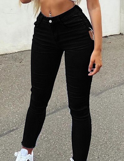 cheap Women&#039;s Bottoms-Women&#039;s Fashion Side Pockets Cut Out Jeans Distressed Jeans Full Length Pants Micro-elastic Casual Weekend Denim Plain Mid Waist Comfort Slim Black S M L XL XXL