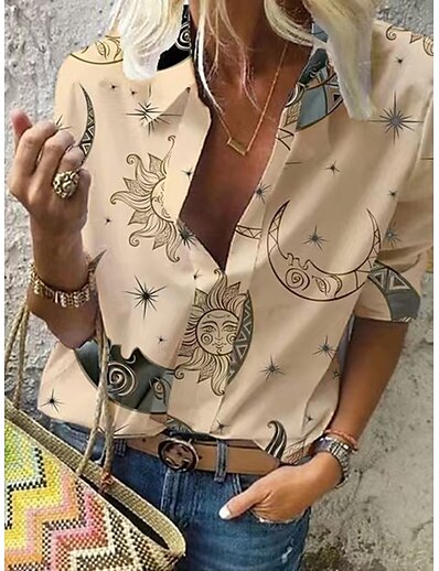 cheap Women&#039;s Tops-Women&#039;s Blouse Shirt Graphic Graffiti Shirt Collar Elegant Vintage Boho Tops Khaki