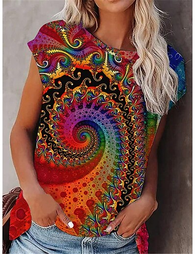 cheap Women&#039;s Tops-Women&#039;s T shirt Color Gradient Round Neck Basic Tops Rainbow / 3D Print