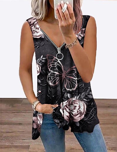 cheap Women&#039;s Tops-Women&#039;s Tank Top Vest Floral Theme Butterfly Floral Butterfly V Neck Flowing tunic Quarter Zip Print Casual Streetwear Tops Pink Gold / 3D Print