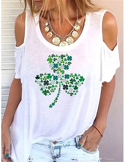 cheap Women&#039;s Tops-Women&#039;s T shirt Floral Theme Painting Leaf Text Round Neck Cut Out Cold Shoulder Print Basic Tops Green White Light Green
