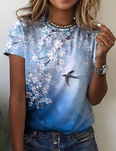 cheap Best Selling Tops-Women&#039;s Casual Holiday Weekend T shirt Tee Floral Painting Short Sleeve Floral Bird Round Neck Print Basic Tops Green Blue Pink S / 3D Print