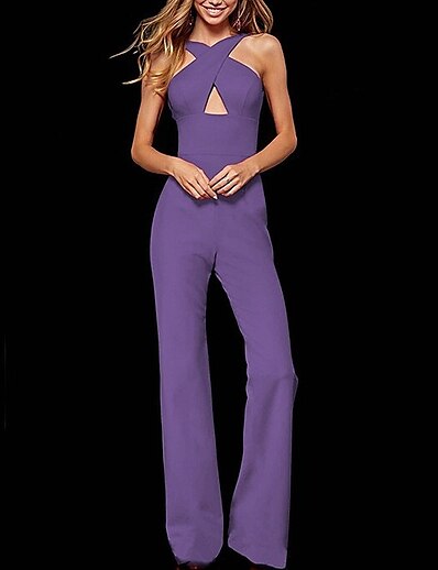 cheap Jumpsuits &amp; Rompers-Women&#039;s Jumpsuit Solid Color Backless Criss Cross Elegant Halter Neck Bootcut Party Prom Sleeveless Regular Fit Blue Black Purple S M L Spring / Cut Out