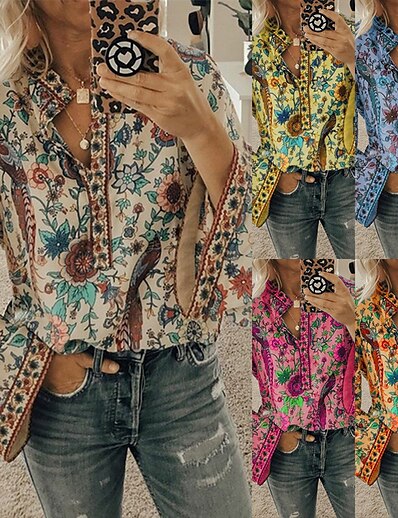 cheap Women&#039;s Tops-Women&#039;s Daily Holiday Weekend Blouse Shirt Boho Long Sleeve Floral Round Neck Button Print Ethnic Casual Vintage Tops Green Blue Purple S / 3D Print