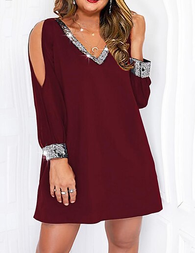 cheap Plus size-Women&#039;s Plus Size Solid Color A Line Dress Sequins V Neck Long Sleeve Work Casual Prom Dress Spring Summer Causal Daily Short Mini Dress Dress / Party Dress