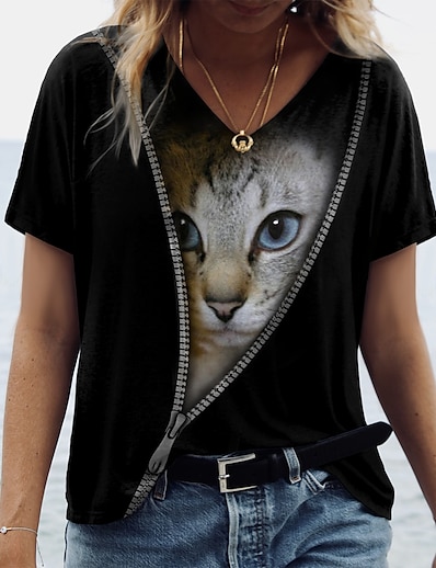 cheap Women&#039;s Tops-Women&#039;s T shirt 3D Cat Painting Cat 3D V Neck Print Basic Tops Black / 3D Print