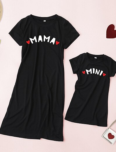 hesapli Family Matching Outfits-Annem ve ben sevgililer Elbiseler Günlük Kalp Barış Harf Desen Siyah Diz-boyu Kısa Kollu Günlük Eşleşen kıyafetler / Yaz / sevimli Stil