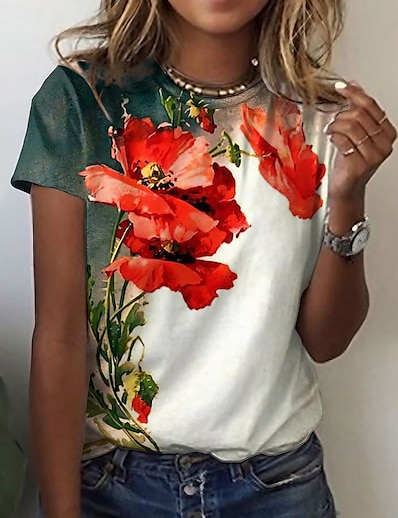 abordables Camisas y Camisetas para Mujer-Mujer Camiseta Tema Floral Pintura Floral Gráfico Escote Redondo Estampado Básico Vintage Tops Blanco / Impresión 3D