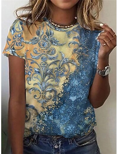 cheap Women&#039;s Tops-Women&#039;s T shirt Floral Theme Floral Plants V Neck Basic Tops Blue / 3D Print