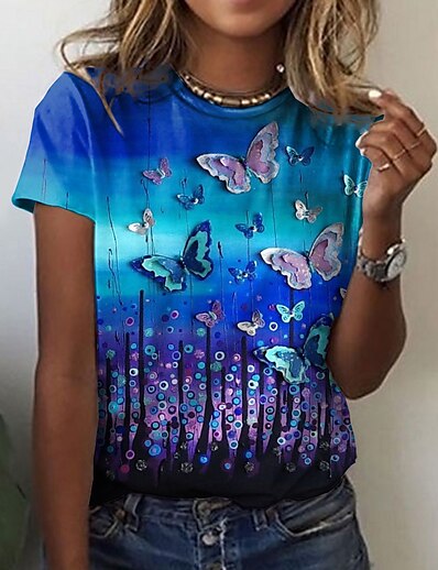 cheap Women&#039;s Tops-Women&#039;s Casual Weekend T shirt Tee Butterfly Painting Short Sleeve Butterfly Round Neck Print Basic Tops Green Blue Orange S / 3D Print