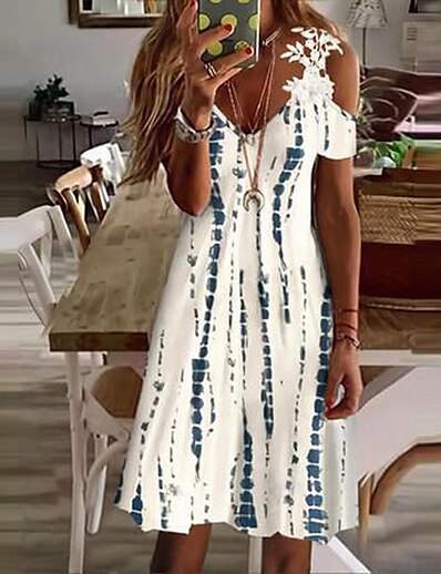 cheap Dresses-Women&#039;s Midi Dress A Line Dress Beige Light Blue Short Sleeve Hollow Out Lace Print Floral V Neck Spring Summer Stylish Casual Modern 2022 Loose S M L XL XXL 3XL