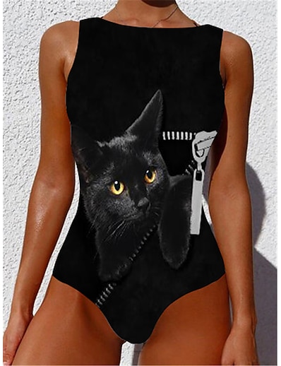 cheap Plus size-Women&#039;s Swimwear One Piece Monokini Bathing Suits Plus Size Swimsuit Cat Animal Tummy Control Slim Printing for Big Busts Black Yellow Scoop Neck Bathing Suits Vacation Fashion Sports / Sexy / Modern