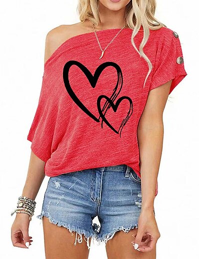 cheap Women&#039;s Tops-Women&#039;s T shirt Heart Off Shoulder Button Print Sexy Tops Black Gray Pink / 3D Print