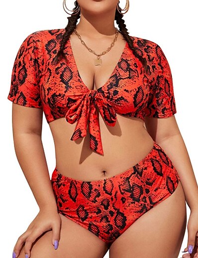 cheap Plus size-Women&#039;s Swimwear Bikini 2 Piece Plus Size Swimsuit Hole Red V Wire Padded Bathing Suits Vacation Sexy New / Modern / Padded Bras