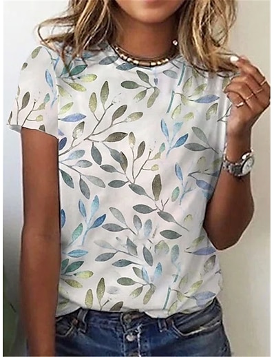 cheap Women&#039;s Tops-Women&#039;s T shirt Floral Theme Leaf Round Neck Basic Tops White / 3D Print