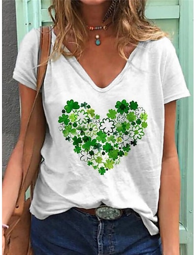 cheap Women&#039;s Tops-Women&#039;s T shirt Happy St Patrick&#039;s Day Heart V Neck Basic Tops White / 3D Print