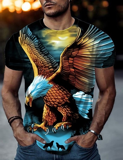 cheap Men&#039;s Tops-Men&#039;s T shirt Tee Eagle Animal 3D Print Crew Neck Street Casual Short Sleeve Print Tops Sportswear Casual Fashion Comfortable Blue / Spring / Summer