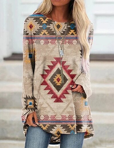 cheap Women&#039;s Tops-Women&#039;s T shirt Bohemian Theme Geometric Plaid Geometric Tribal Round Neck Print Ethnic Vintage Boho Tops Khaki / 3D Print