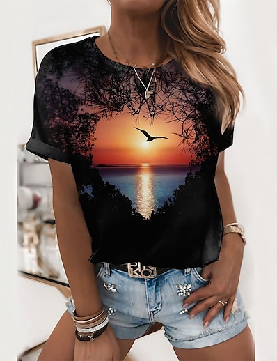 cheap Women-Women&#039;s T shirt Abstract 3D Printed Painting Scenery 3D Round Neck Print Basic Tops Black