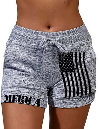 cheap Women&#039;s Bottoms-Women&#039;s Casual / Sporty Athleisure Side Pockets Elastic Drawstring Design Print Shorts Short Pants Micro-elastic Casual Independence Day Cotton Blend Star National Flag Mid Waist Comfort Black S M L
