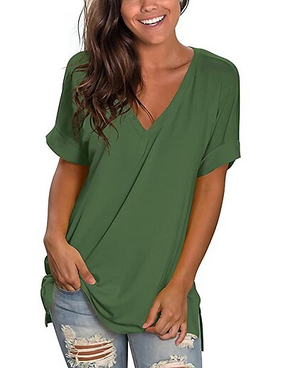 cheap Women&#039;s Tops-Women&#039;s Casual Daily Weekend T shirt Tee Short Sleeve Plain V Neck Basic Tops Green White Black S