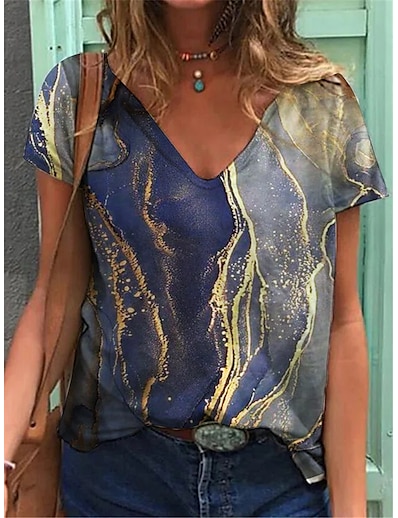 billige Kvinder-Dame T-shirt Abstrakt Geometrisk Grafisk Geometrisk V-hals Basale Toppe Blå / 3D-udskrivning