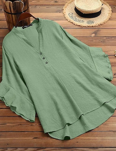 cheap Women&#039;s Tops-Women&#039;s Blouse Shirt Plain V Neck Ruffle Asymmetric Button Casual Tops Green Blue Black