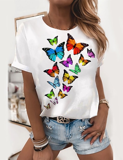 cheap Women&#039;s Tops-Women&#039;s T shirt Butterfly Painting Butterfly Round Neck Print Basic Tops White Black / 3D Print