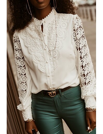 cheap Women&#039;s Tops-Women&#039;s Blouse Shirt Plain Standing Collar Cut Out Lace Button Casual Tops White
