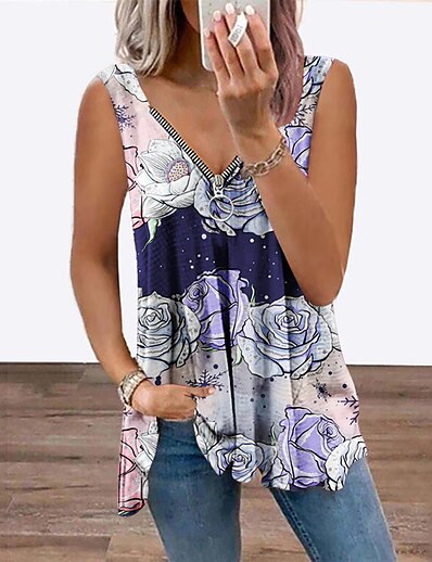 cheap Women&#039;s Tops-Women&#039;s Tank Top Vest Floral Theme Floral V Neck Flowing tunic Quarter Zip Print Casual Streetwear Tops Green Blue Purple / 3D Print