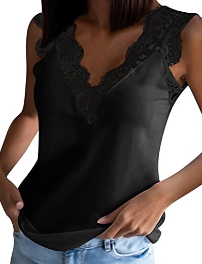 cheap Women&#039;s Tops-Women Solid Tank Vest V Tops Blouse Sleeveless T-Shirt Tops Lace Neck Loose Splice Women&#039;s Tanks &amp; Camis Women&#039;s Camis (Black, XL)