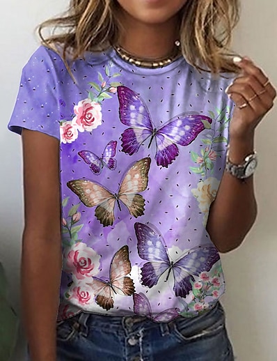 hesapli Kadın Üstleri-Kadın&#039;s T gömlek Çiçek Teması Kelebek Resim Çiçekli Kelebek Yuvarlak Yaka Desen Temel Üstler Yonca Havuz Mor / 3D Baskı