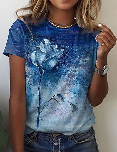 cheap Women&#039;s Tops-Women&#039;s Casual Holiday Weekend T shirt Tee Floral Painting Short Sleeve Flower Rose Round Neck Print Basic Tops Green Blue Gray S / 3D Print