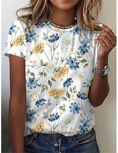 cheap Women&#039;s Tops-Women&#039;s T shirt Floral Theme Floral Plants Round Neck Basic Tops White / 3D Print