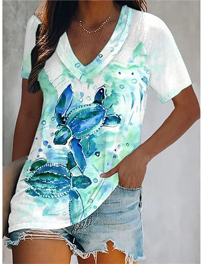 cheap Women&#039;s Tops-Women&#039;s T shirt Animal V Neck Patchwork Print Basic Tops Blue / 3D Print