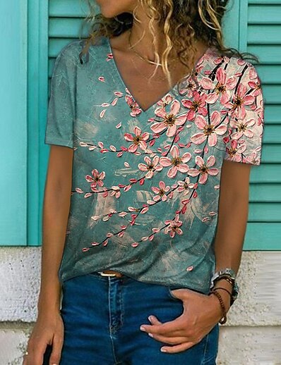 cheap Best Selling Tops-Women&#039;s Casual Holiday Weekend T shirt Tee Floral Abstract Painting Short Sleeve Floral V Neck Print Basic Tops Green S / 3D Print