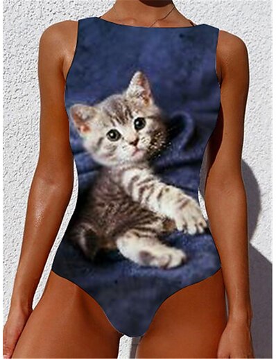 cheap Plus size-Women&#039;s Swimwear One Piece Monokini Bathing Suits Plus Size Swimsuit Cat Animal Tummy Control Slim Printing for Big Busts Blue Yellow Navy Blue Scoop Neck Bathing Suits Vacation Fashion Sports / Sexy