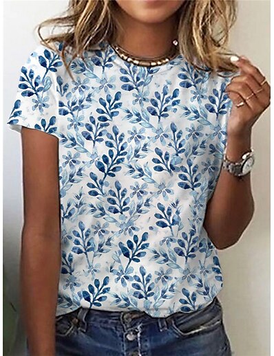 cheap Women&#039;s Tops-Women&#039;s T shirt Floral Theme Leaf Round Neck Basic Tops Blue / 3D Print
