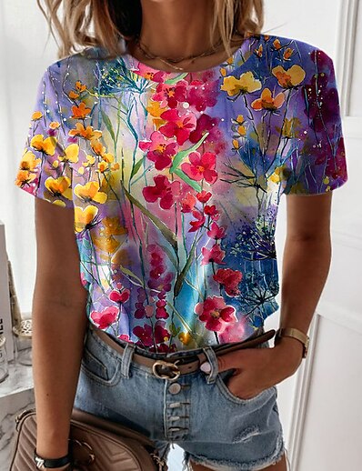 cheap Women&#039;s Tops-Women&#039;s T shirt Floral Theme Painting Floral Round Neck Print Basic Tops Red / 3D Print