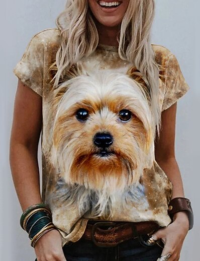 cheap Women&#039;s Tops-Women&#039;s T shirt 3D Printed Painting Dog 3D Round Neck Print Basic Tops Brown