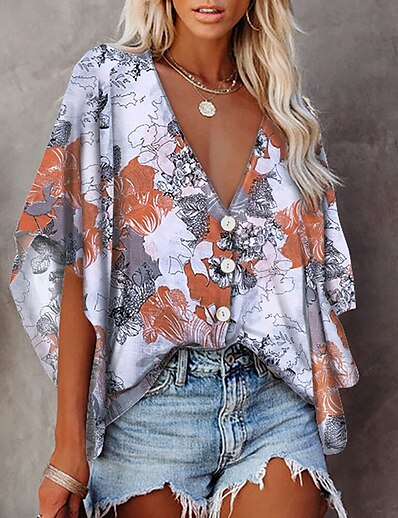 cheap Women&#039;s Tops-Women&#039;s T shirt Floral Theme Abstract Painting Floral Tie Dye V Neck Button Print Basic Tops Loose Blue White Gray / 3D Print