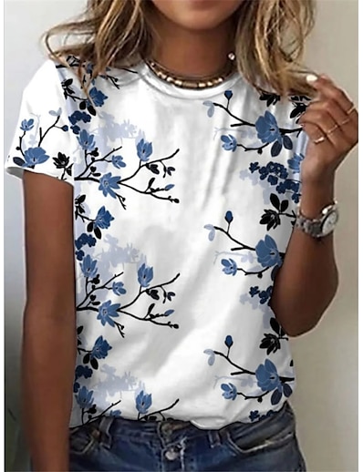 billige Overdele til damer-Dame T-shirt Blomster Tema Blomstret Rund hals Patchwork Trykt mønster Basale Toppe Grøn Blå Rose Lyserød / 3D-udskrivning