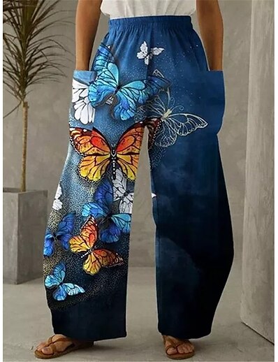 cheap Women&#039;s Bottoms-Women&#039;s 3D Print 3D Print Straight Full Length Pants Inelastic Casual Daily Butterfly Mid Waist Loose Blue S M L XL XXL
