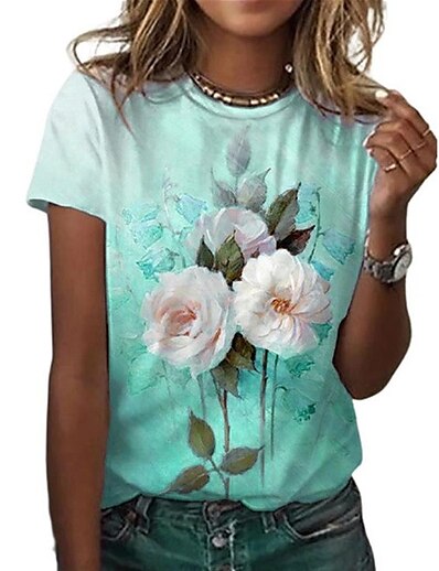 cheap Women&#039;s Tops-Women&#039;s T shirt Floral Theme Painting Floral Round Neck Print Basic Tops Green Blue Purple / 3D Print