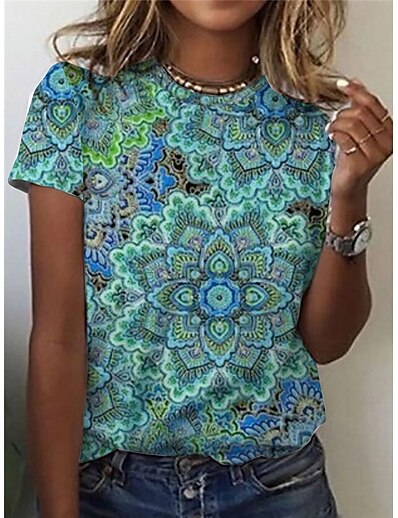 cheap Women&#039;s Tops-Women&#039;s Casual Daily T shirt Tee Floral Geometric Short Sleeve Floral Plants Graphic Round Neck Basic Ethnic Vintage Tops Green S / 3D Print