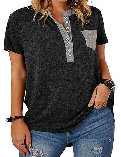 cheap Plus size-Women&#039;s Plus Size Tops Blouse T shirt Plain Short Sleeve Pocket Button Streetwear V Neck Polyester Daily Going out Spring Summer Blue White