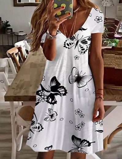 cheap Dresses-Women&#039;s Knee Length Dress A Line Dress Green White Black Pink Light Blue Long Sleeve Print Floral Butterfly Animal V Neck Spring Summer Stylish Casual 2022 S M L XL XXL 3XL 4XL 5XL