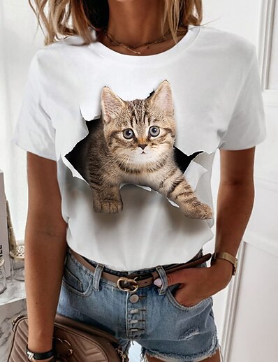 Χαμηλού Κόστους Γυναικείες Μπλούζες-Γυναικεία Causal Σαββατοκύριακο Μπλουζάκι 3D Cat Ζωγραφιά Κοντομάνικο Γάτα 3D Στρογγυλή Λαιμόκοψη Στάμπα Βασικό Άριστος Πράσινο του τριφυλλιού Λευκό Θαλασσί Τ / 3D εκτύπωση